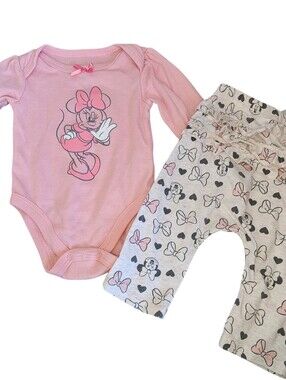 Disney Minnie Mouse Pink Long Sleeve Onesie & Pants Set Baby Size 3/6M